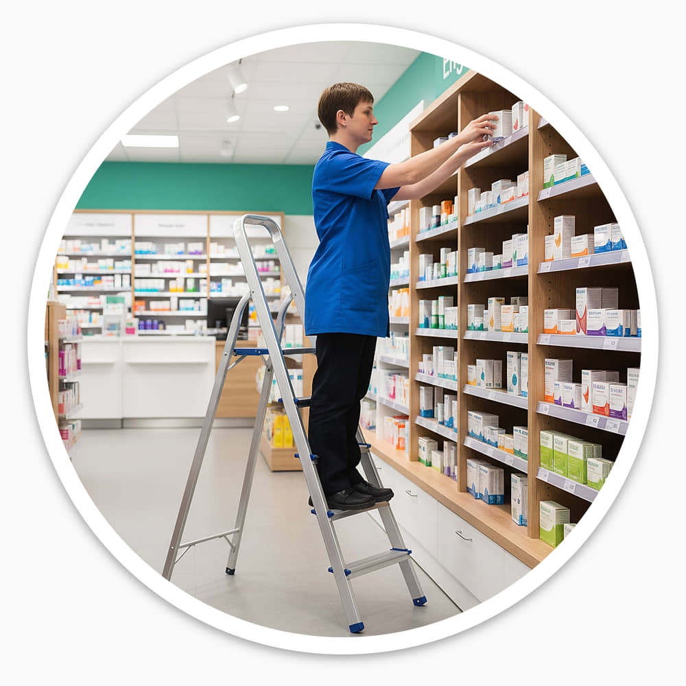 Pharmacy assistant on the 5 Tread Lightweight Aluminium Step Ladder placing stock on high shelving