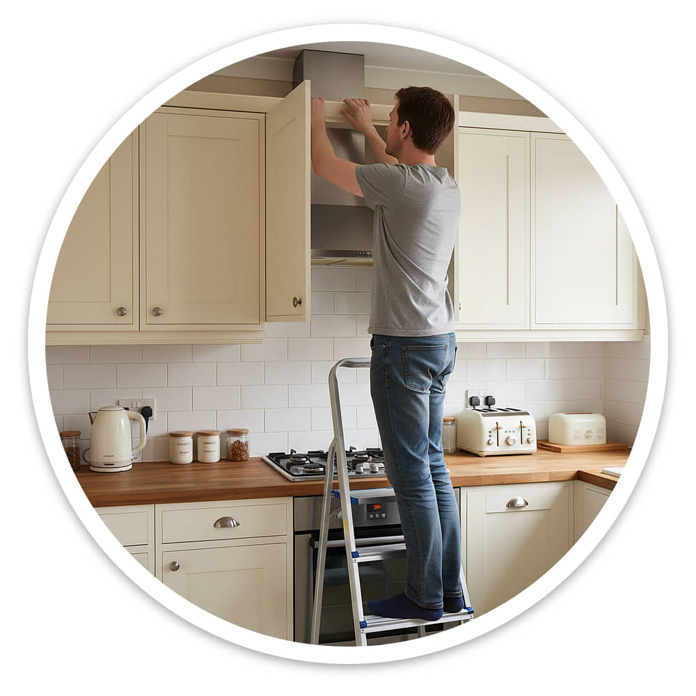 Man on the 5 Tread Lightweight Aluminium Step Ladder fitting a kitchen wall unit door