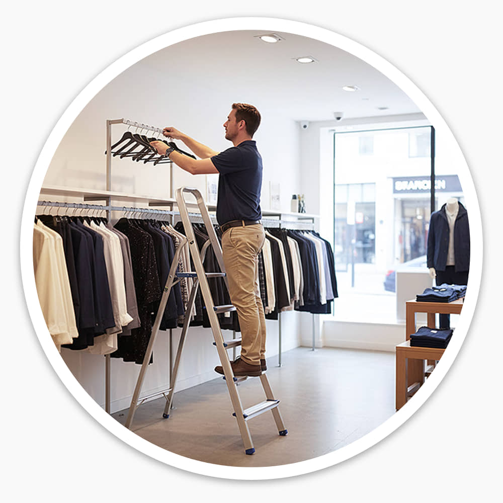 Shop worker on a 5 tread lightweight aluminium step ladder hanging clothes on a high rail in a clothing store