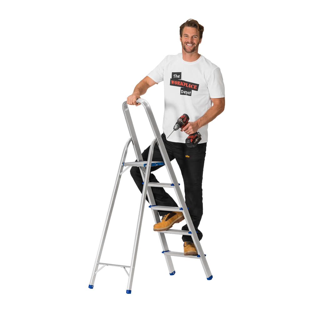 Man with a cordless drill standing on the 5 Tread Lightweight Aluminium Step Ladder against a white background