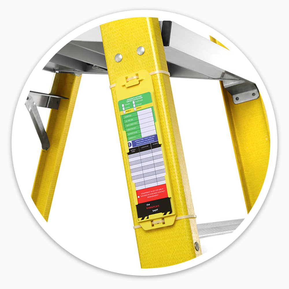 Yellow ladder inspection tag holder with insert cable-tied to a fibreglass step ladder stile