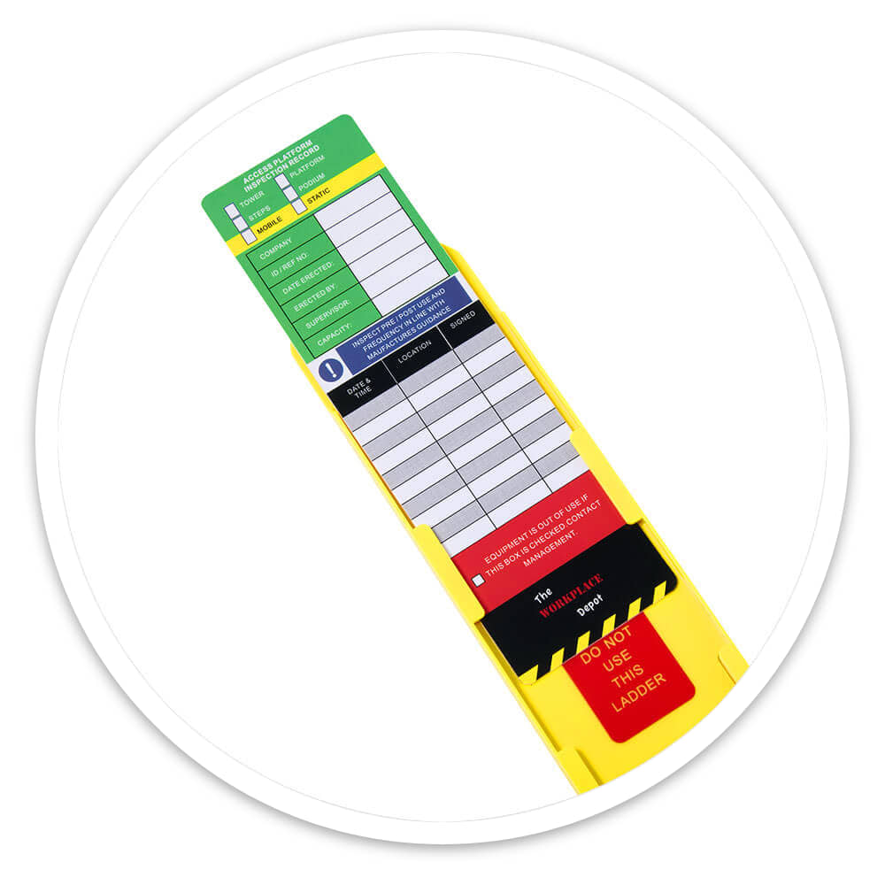 Inspection insert sliding out of a yellow ladder tag holder showing the Do Not Use This Ladder panel