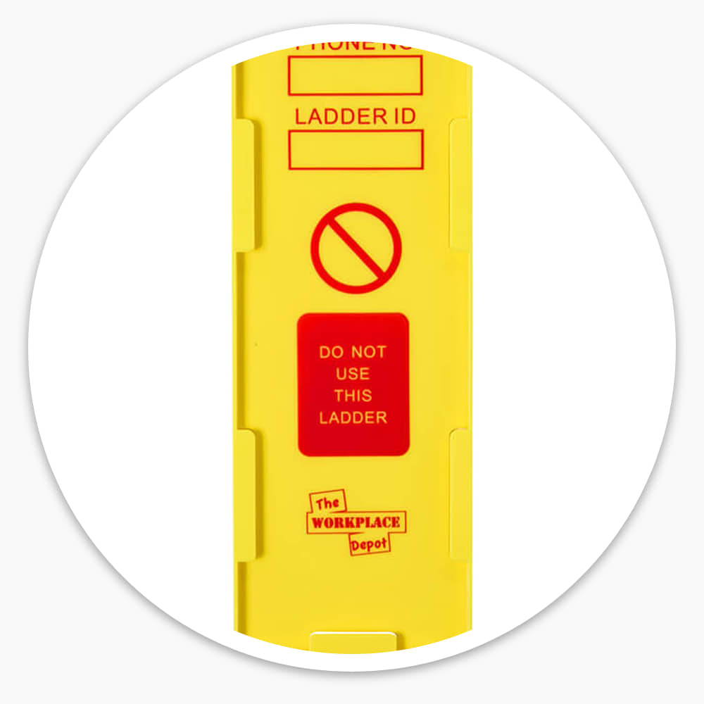Empty yellow ladder tag holder showing a prohibition symbol and red Do Not Use This Ladder panel