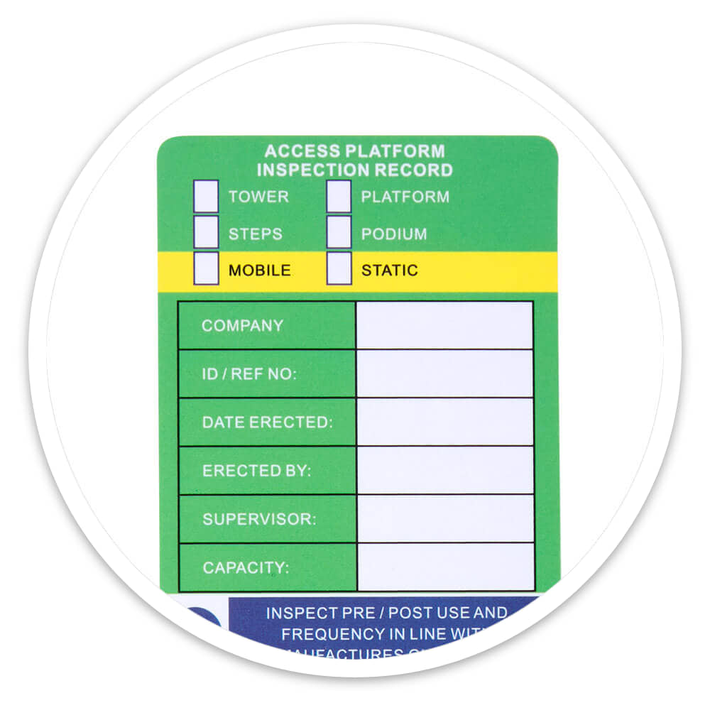 Inspection insert with tick boxes for tower, steps, platform, podium, mobile and static access equipment