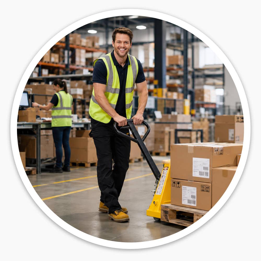 Warehouse worker in hi-vis pulling a Nylon Wheel Pallet Trolley loaded with cartons past racking and a loading bay