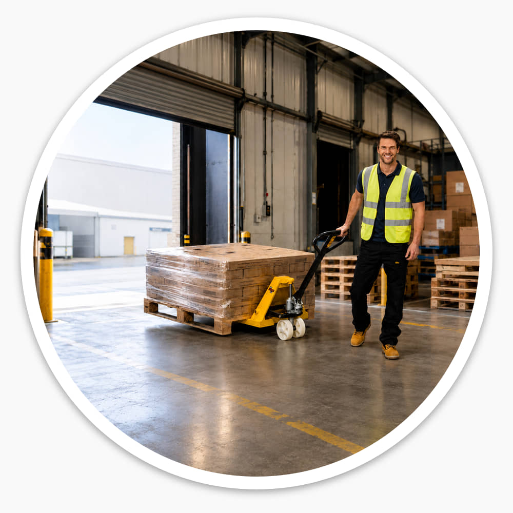 Worker in hi-vis with a Nylon Wheel Pallet Trolley moving a wrapped pallet at a loading dock