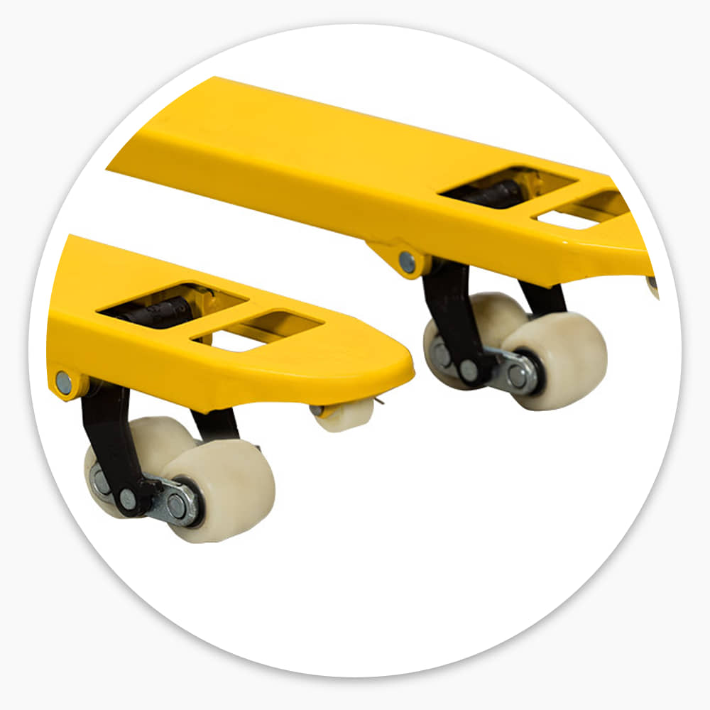 Close-up of the yellow fork tips and nylon load rollers on the Nylon Wheel Pallet Trolley