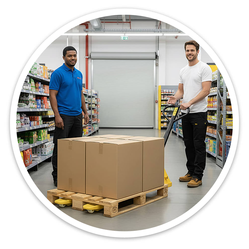 Two staff steering a Nylon Wheel Pallet Trolley with boxed stock down a narrow shop stockroom aisle