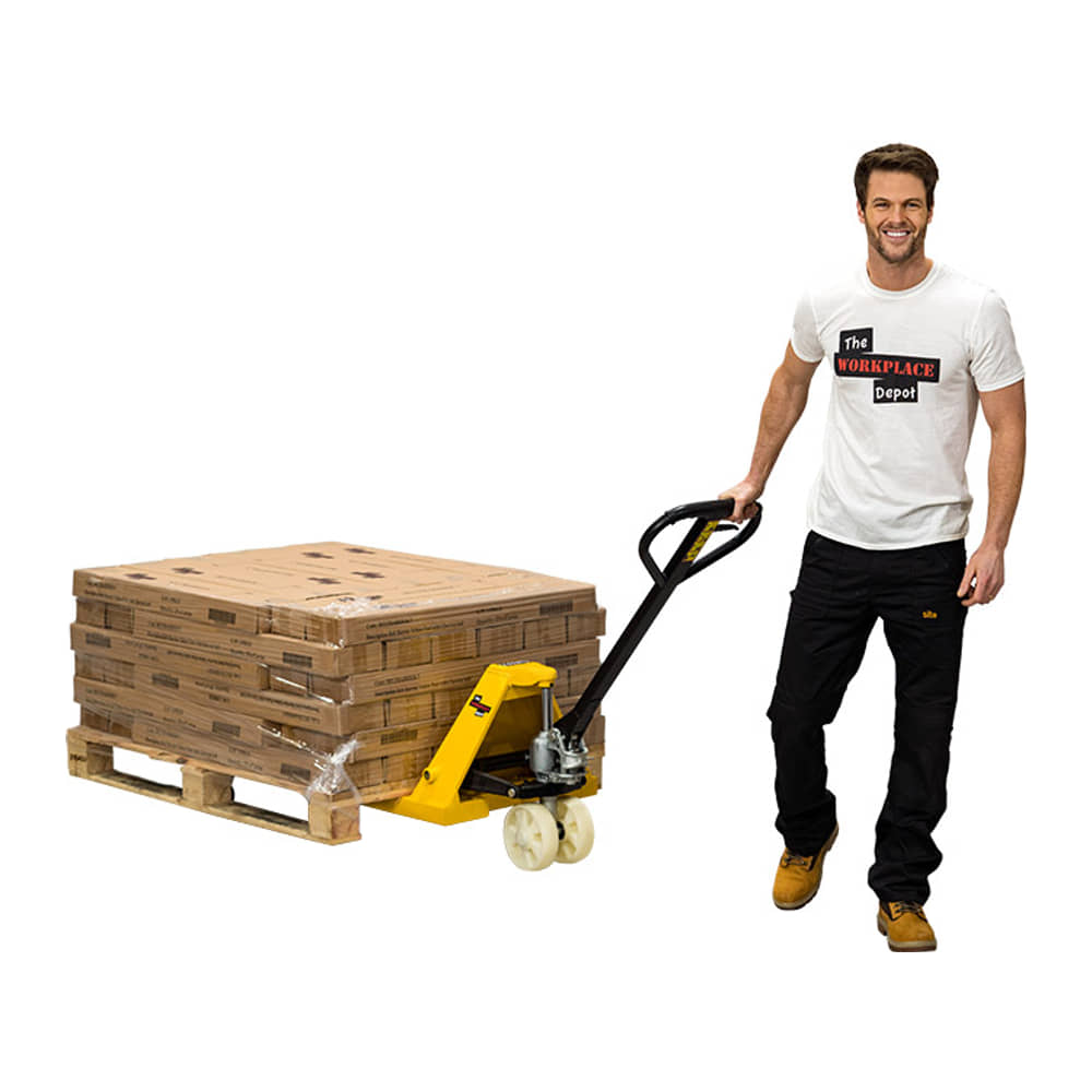 Man pulling a loaded pallet with the yellow Nylon Wheel Pallet Trolley on a white background