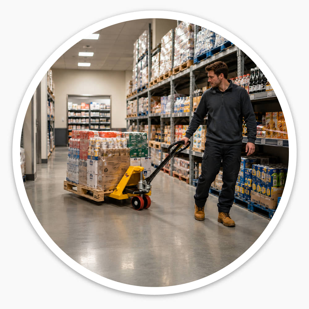 Worker pulling a loaded pallet down a retail stockroom aisle with the yellow polyurethane wheel pallet jack