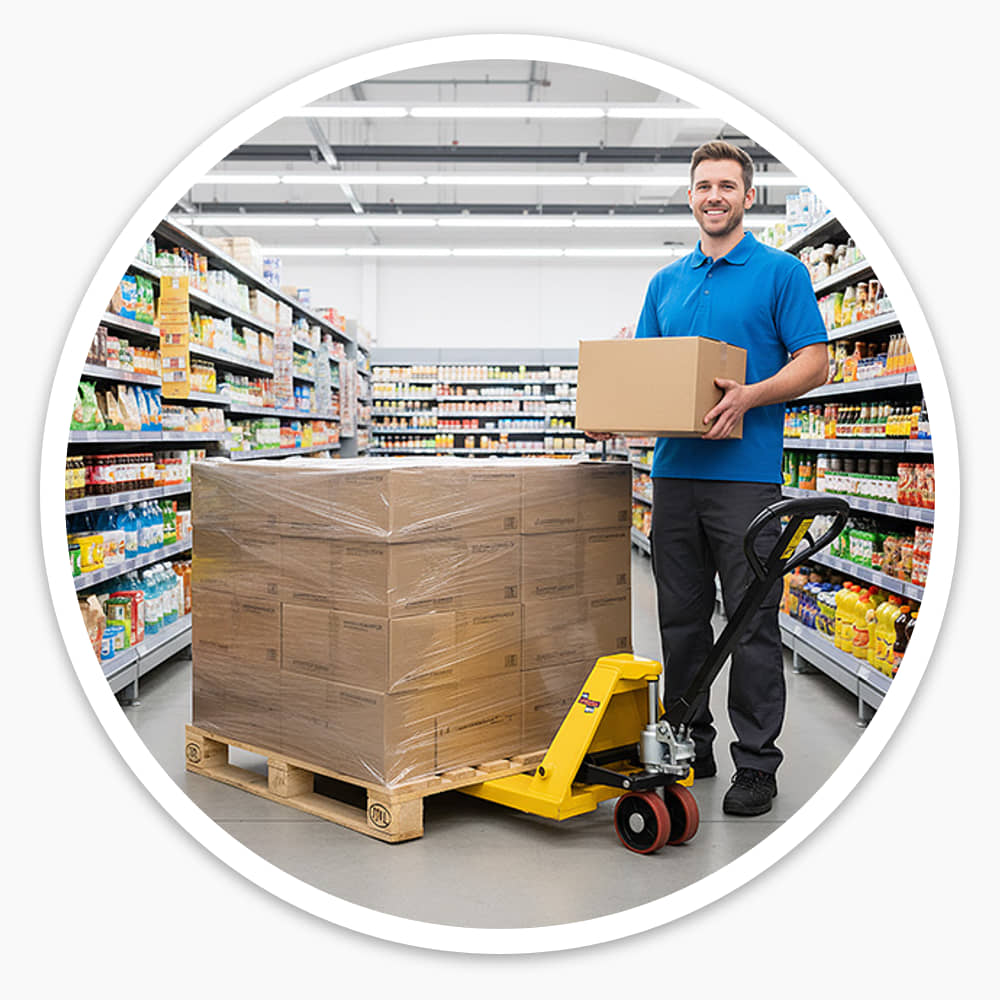 Staff member moving a wrapped pallet through a supermarket aisle with the polyurethane wheel pallet jack