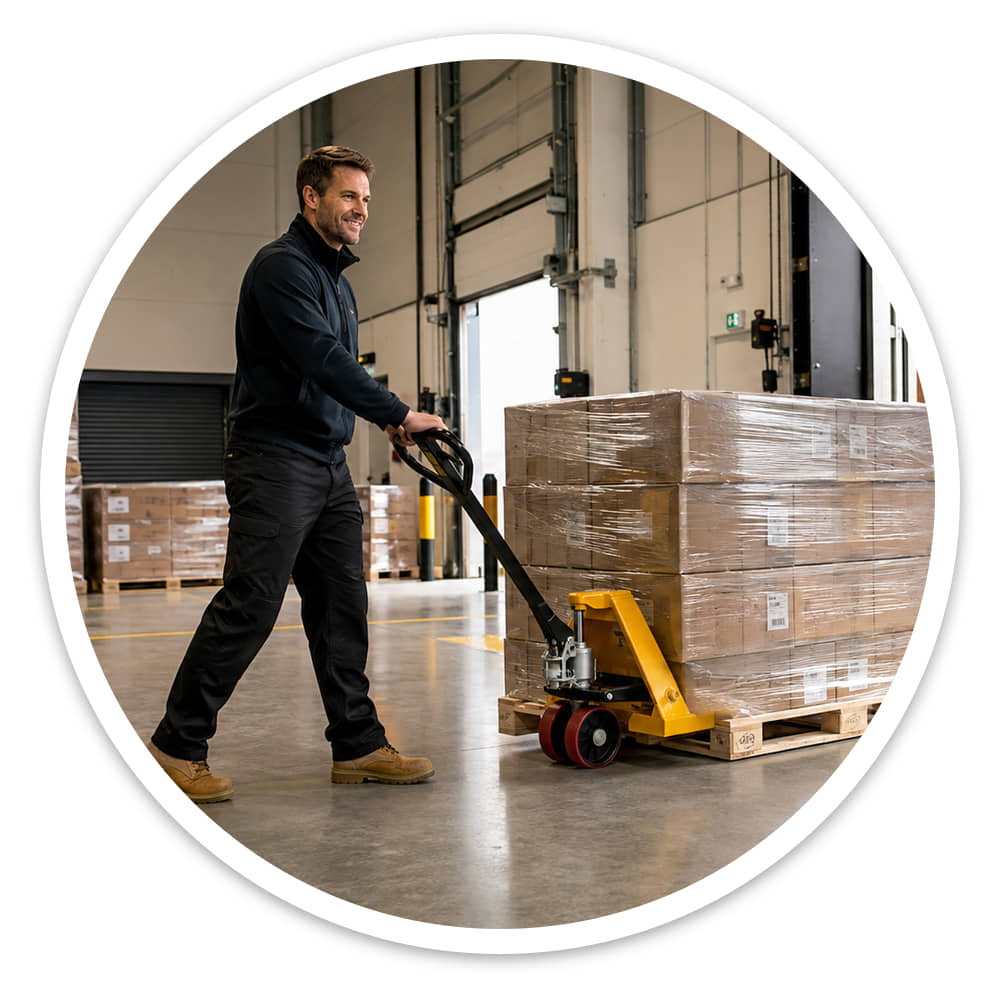 Worker hauling a heavy pallet of stock from a loading bay with the yellow 2,500kg polyurethane wheel pallet jack