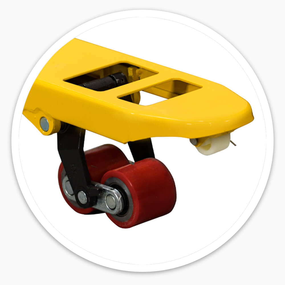Close-up of the yellow fork tip on the Polyurethane Wheel Pallet Jack, with red twin load rollers and a white entry roller