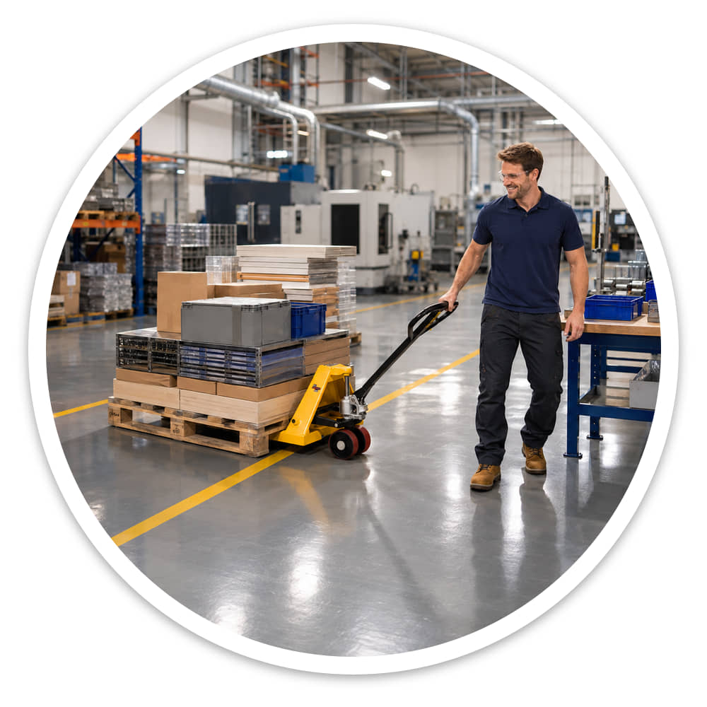 Worker steering the yellow polyurethane wheel pallet jack and a loaded pallet between racking and workbenches