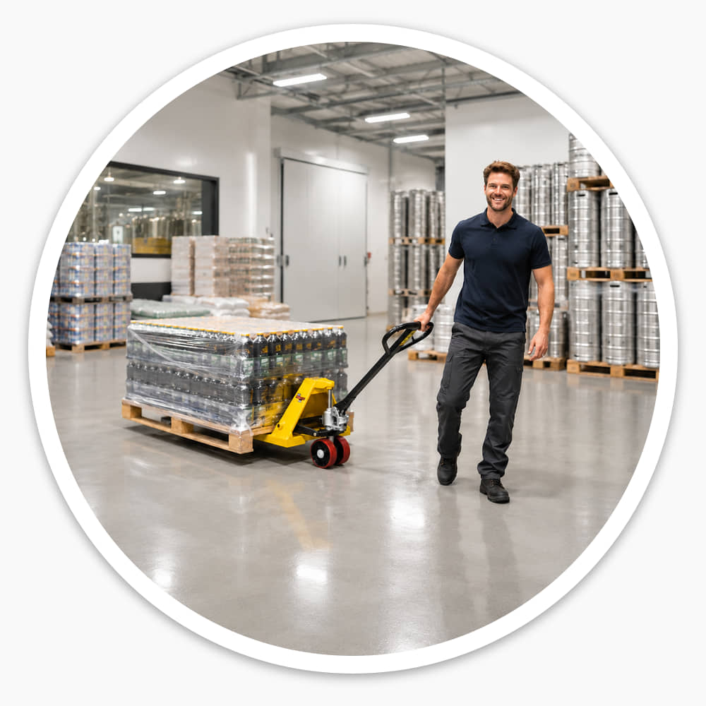 Worker pulling the yellow Polyurethane Wheel Pallet Jack with a wrapped pallet of drinks through a brewery warehouse