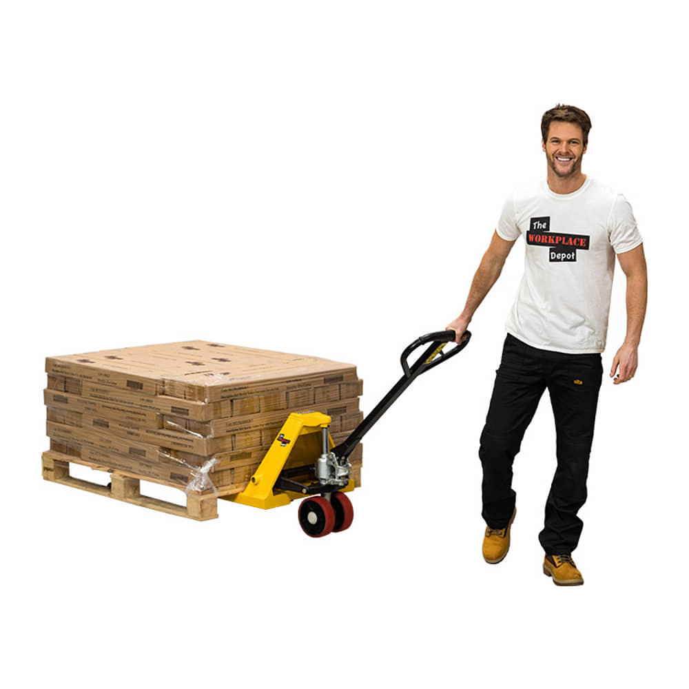 Man pulling a stacked pallet of boxes with the yellow Polyurethane Wheel Pallet Jack on a white background