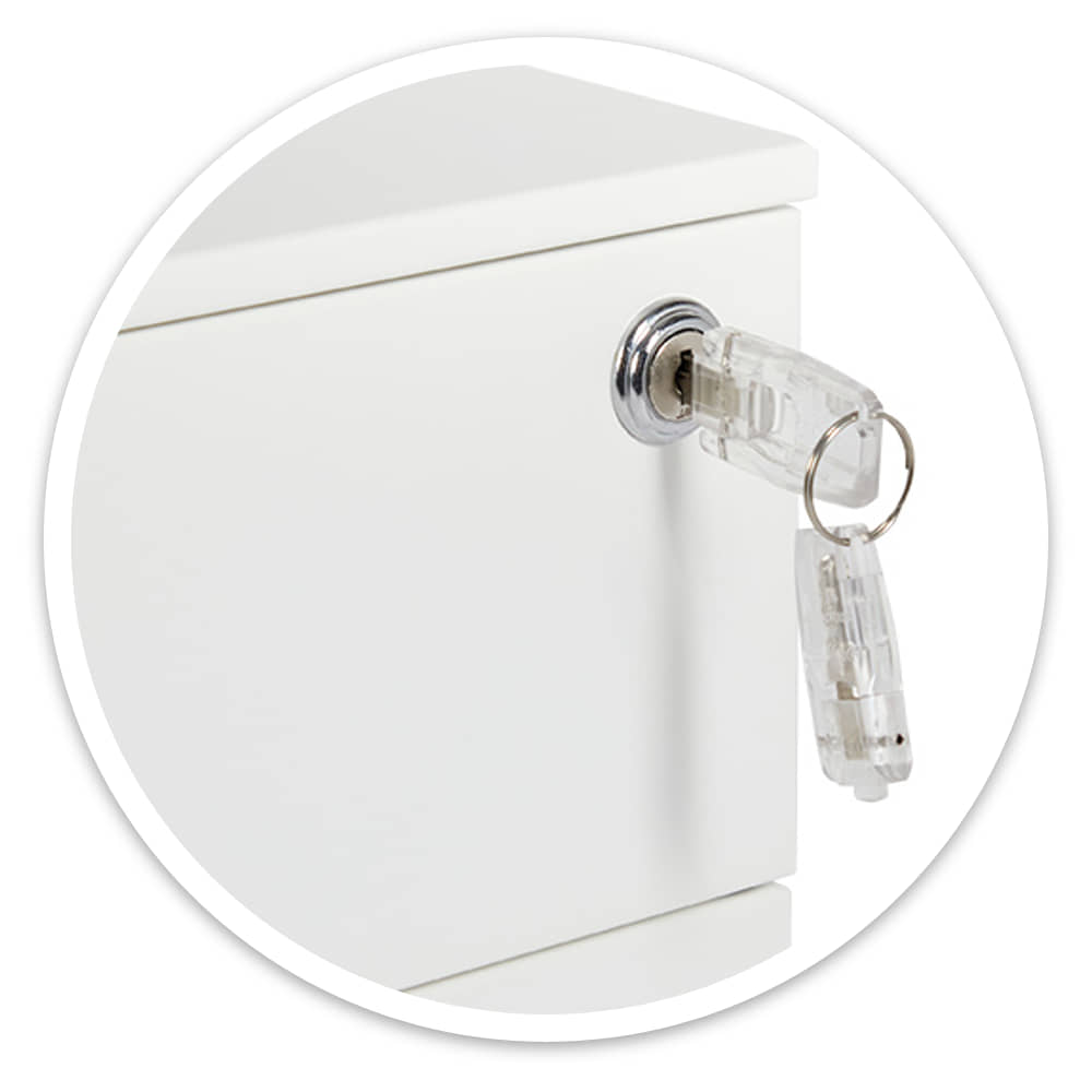 Close-up of the lock and keys on the top drawer of the white steel mobile pedestal
