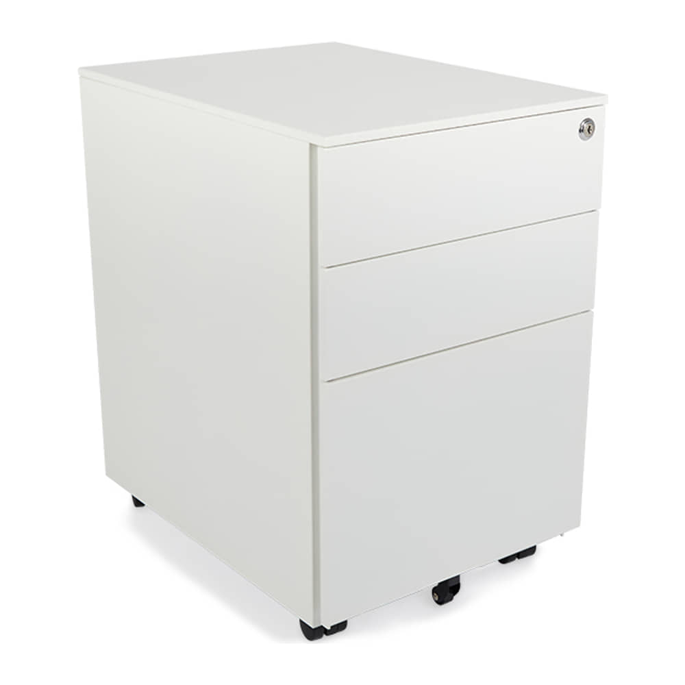 White 3 drawer mobile steel pedestal at an angle, showing its alloy steel body and castors