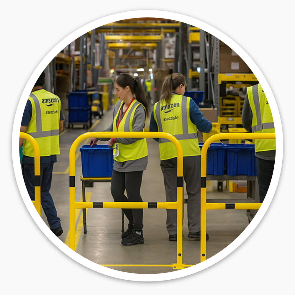 Yellow and black walkway barriers separating warehouse staff in hi-vis vests from the aisle beside them