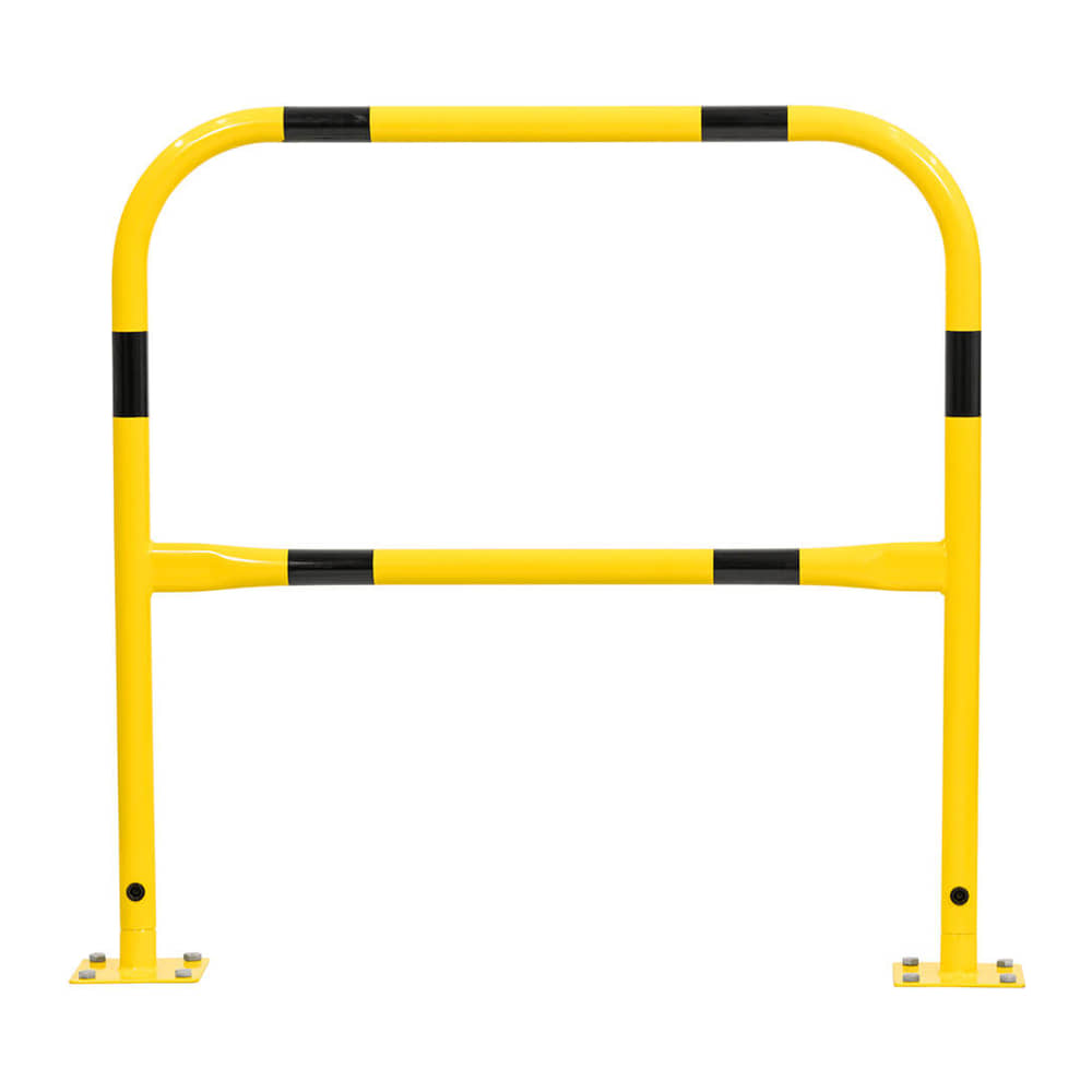 Yellow and black walkway barrier showing the top rail, lower rail and bolt-down base plates