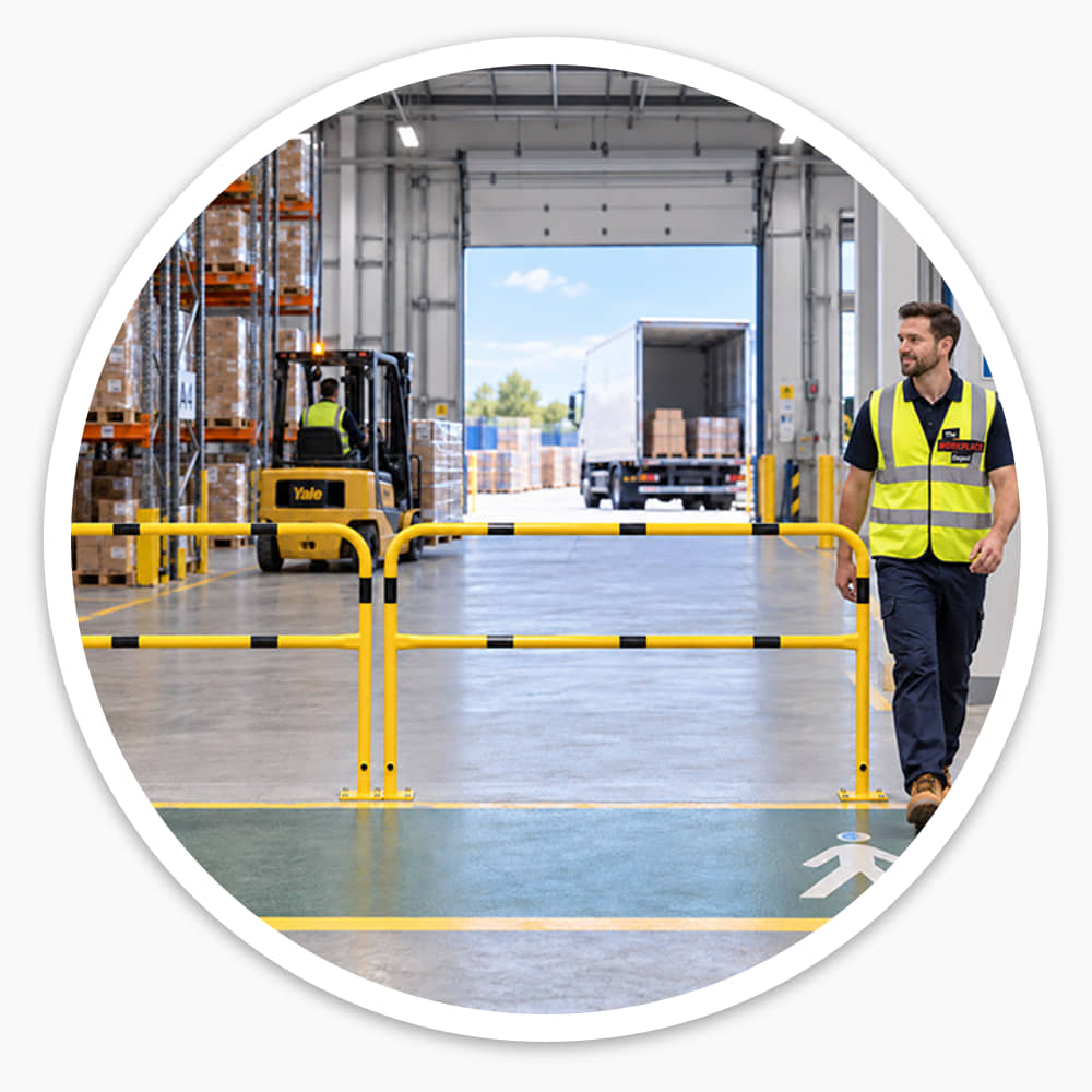 Yellow and black safety railings lining a warehouse walkway while a forklift works nearby and a worker walks past