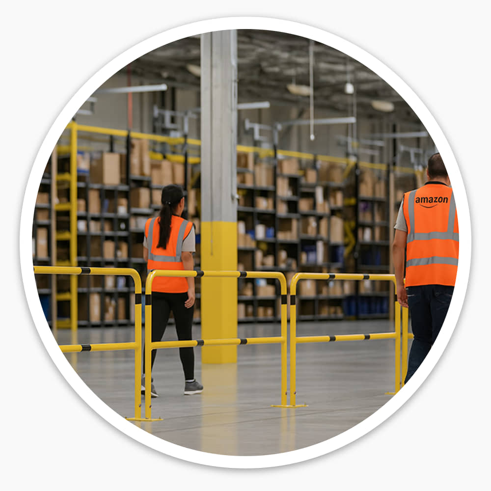 Yellow and black safety railings standing out against warehouse racking as staff in hi-vis vests walk by