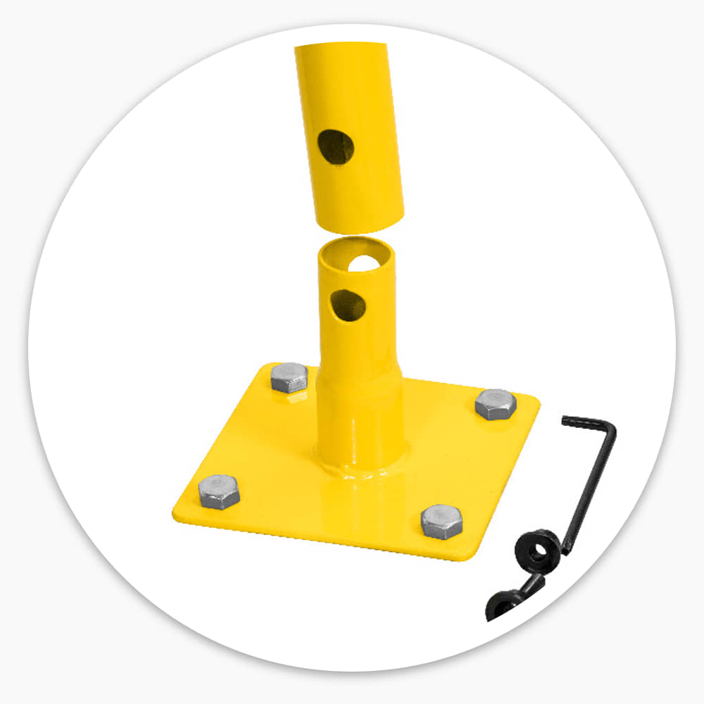Powder-coated yellow upright and base plate of the safety railing, with fixing bolt and Allen key