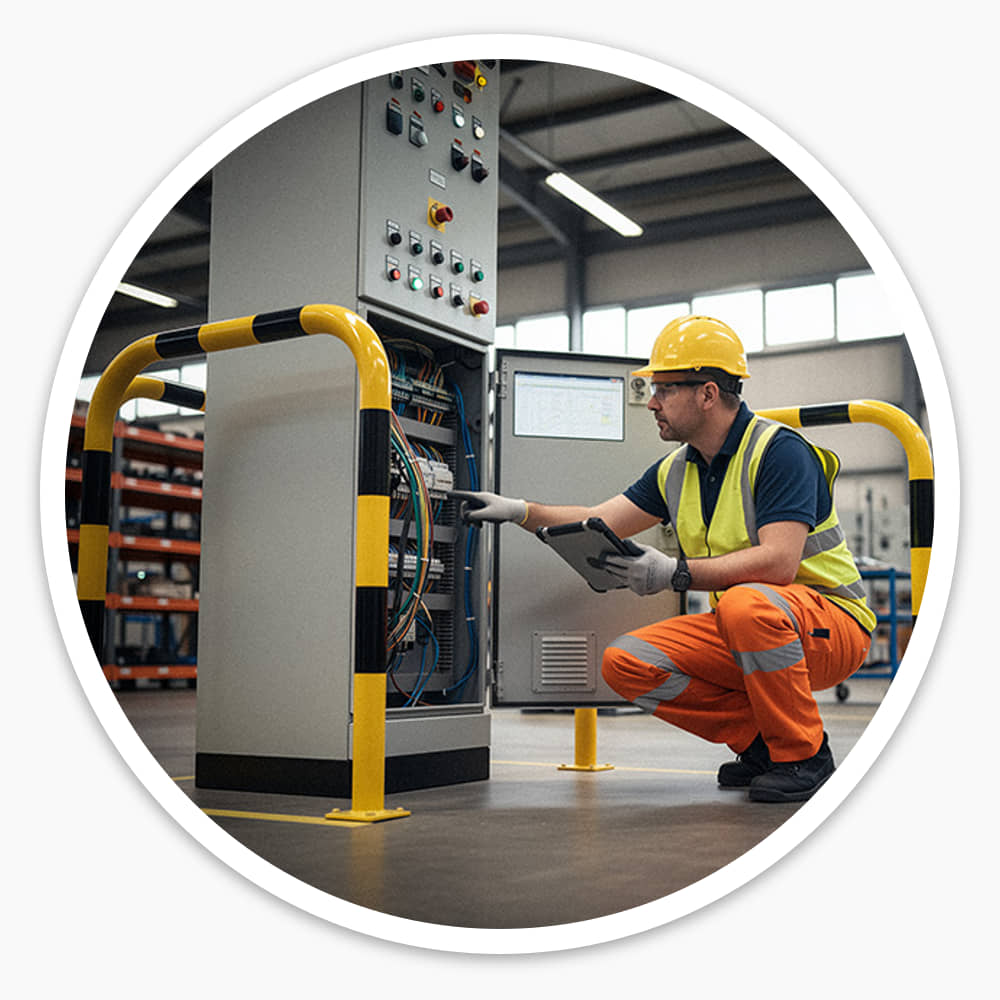 Engineer kneeling at an electrical control panel guarded by yellow and black Hooped Perimeter Barriers in a factory