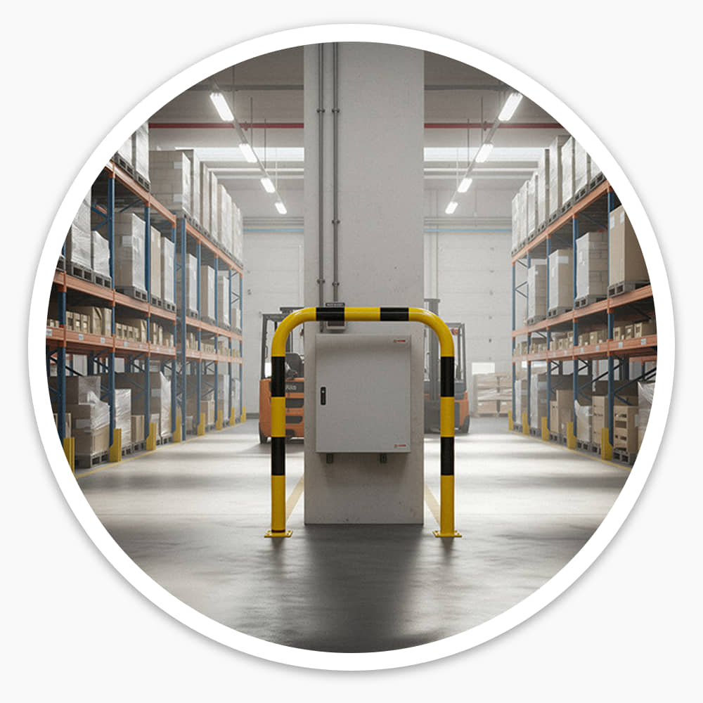 Hooped Perimeter Barrier bolted in front of an electrical box on a warehouse pillar between racking aisles