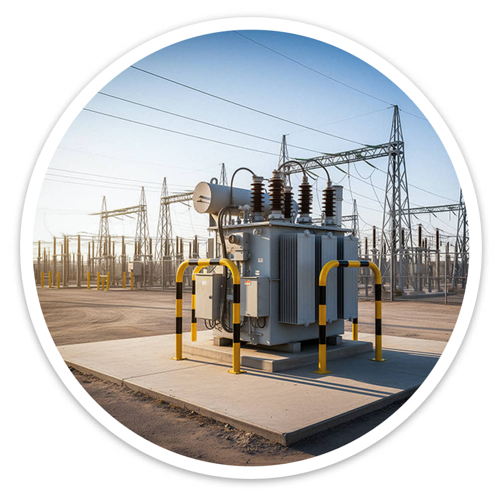 Two Hooped Perimeter Barriers guarding a transformer at an outdoor electrical substation