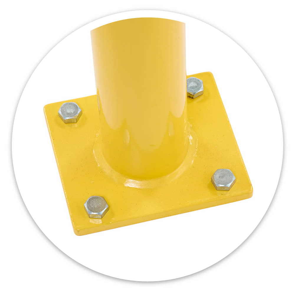 Close-up of the Hooped Perimeter Barrier's yellow 10mm base plate fixed down with four bolts
