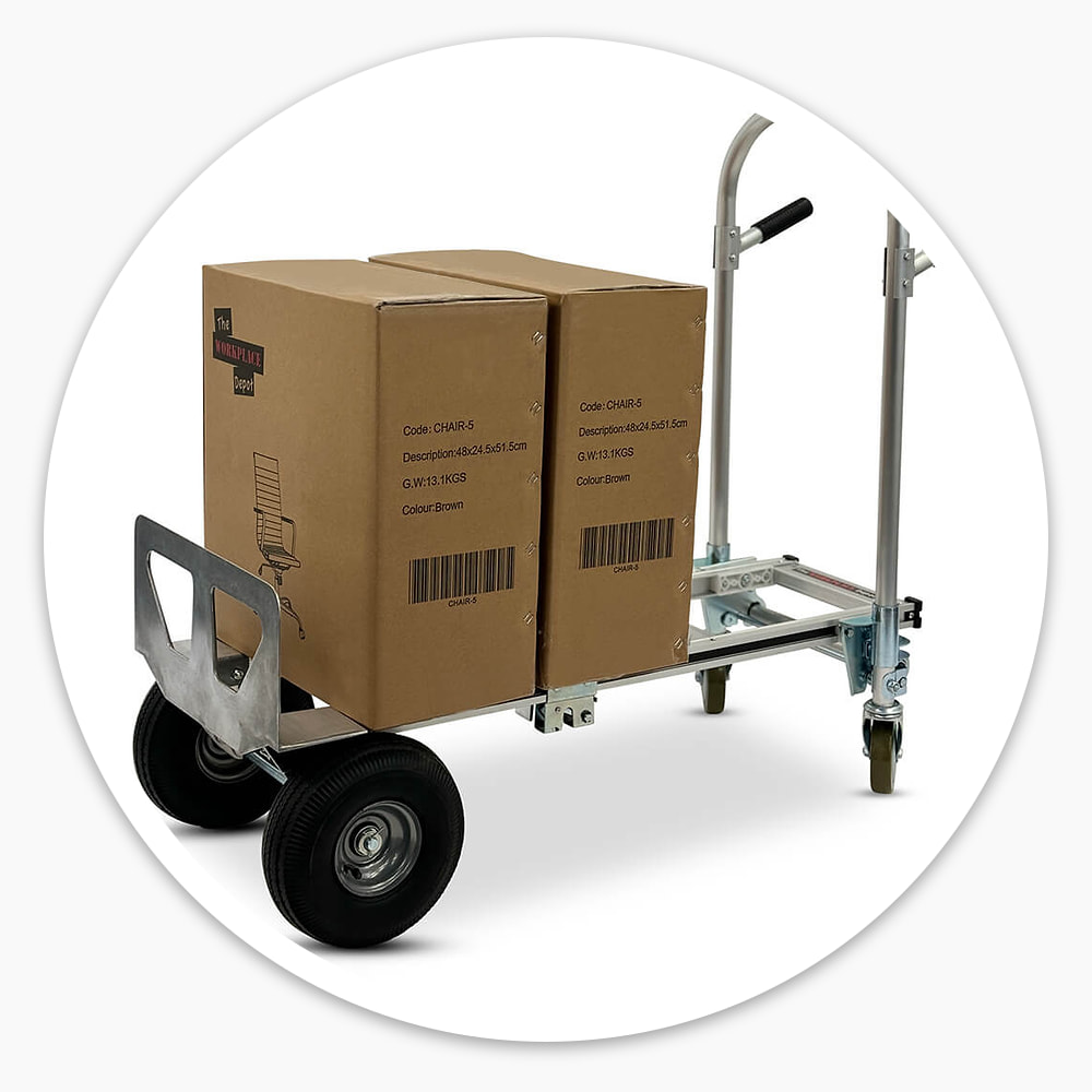 2-in-1 aluminium sack truck in platform trolley mode carrying two large cardboard boxes on its deck
