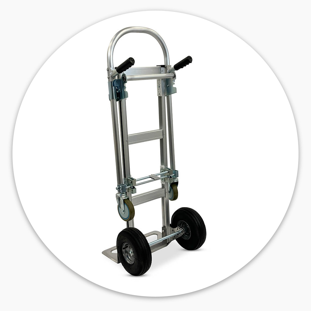 2-in-1 aluminium sack truck and trolley standing upright, with a looped handle, puncture-proof wheels and fold-out castors
