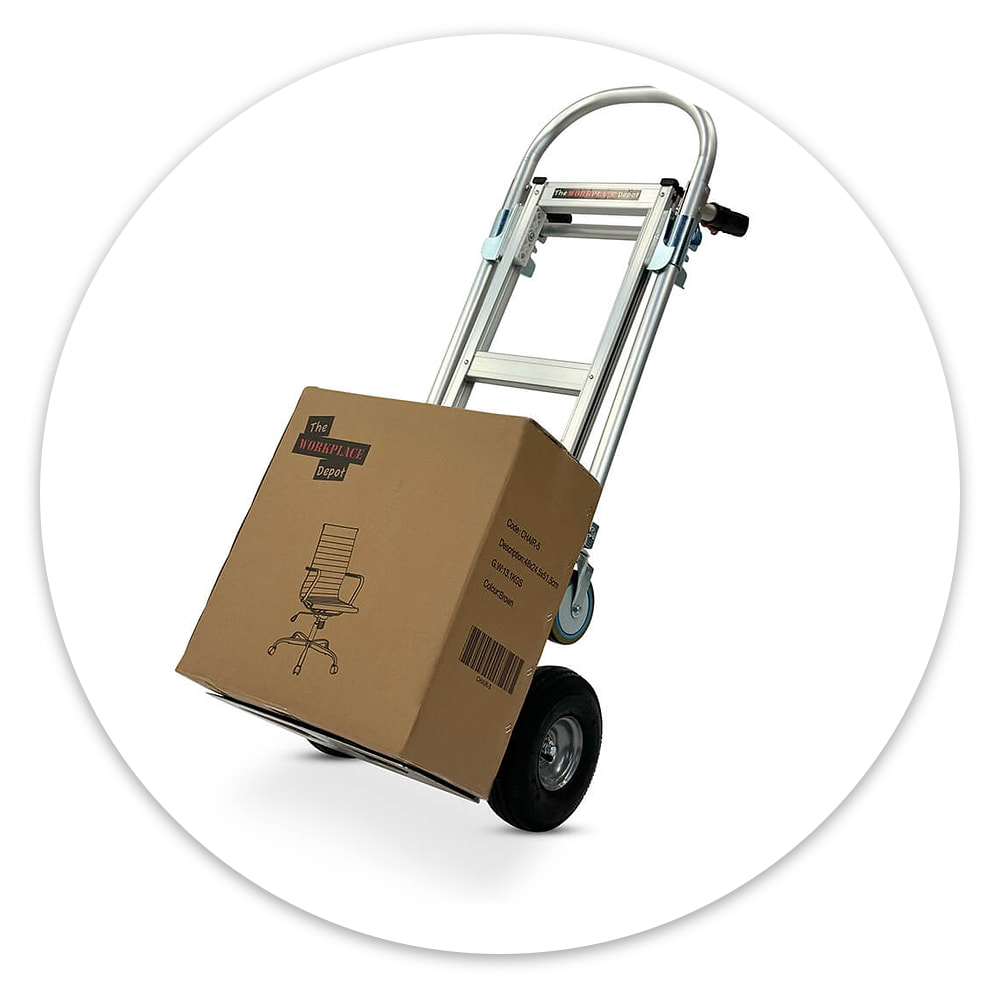 2-in-1 aluminium sack truck carrying a boxed office chair on its toe plate, with the box held clear of the pneumatic wheels