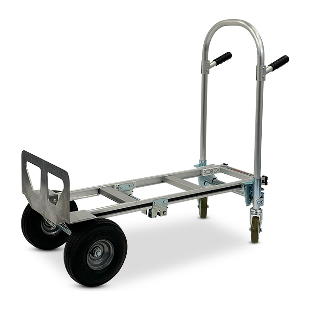 2-in-1 aluminium sack truck and trolley in four-wheel trolley mode, with pneumatic wheels, castors and a looped handle