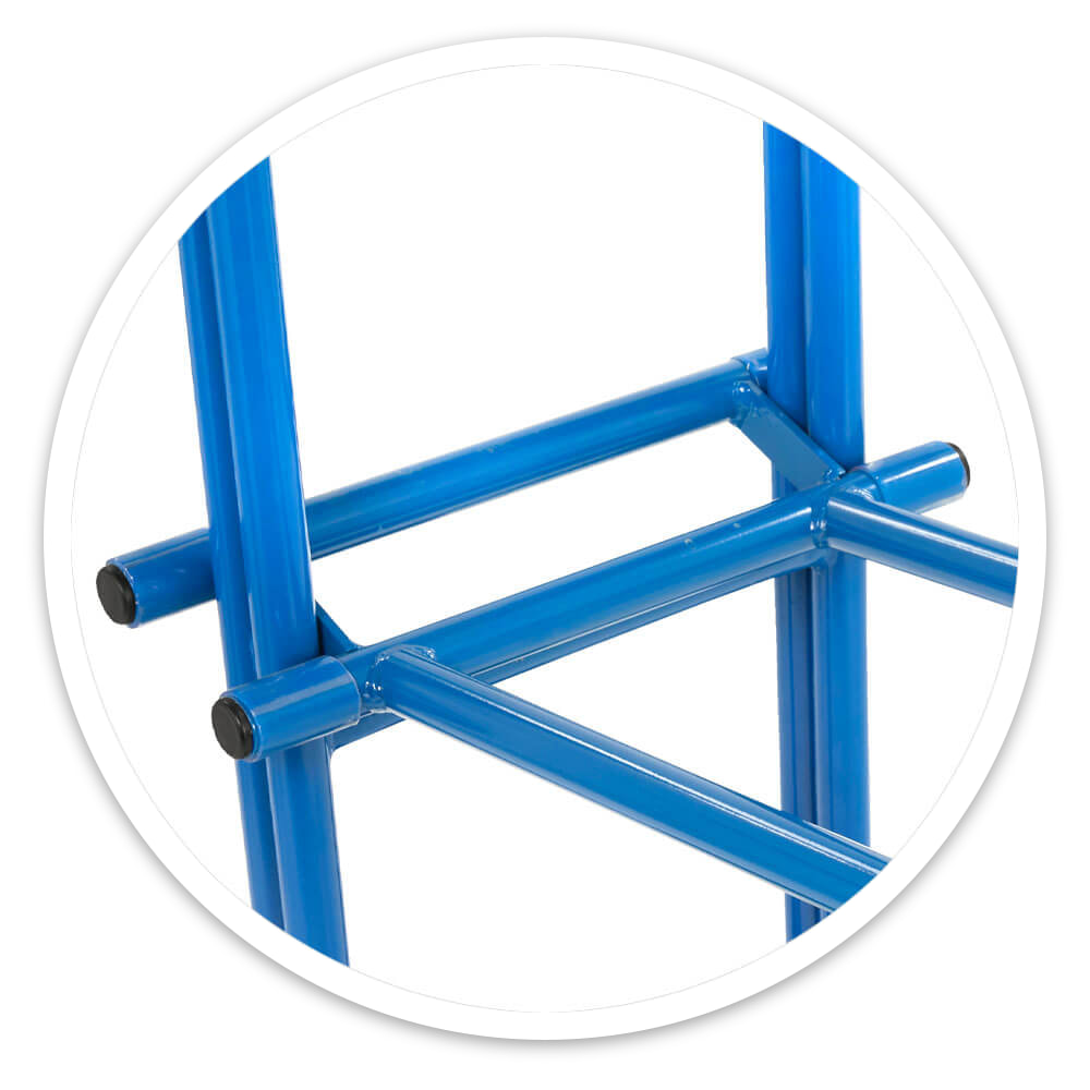 Close-up of the chair moving trolley's blue steel fork arms with black end caps, fixed to the upright frame