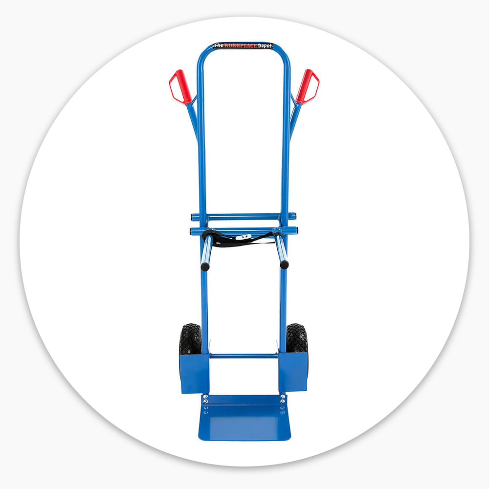 Front view of the Chair Moving Trolley showing its standard sack truck frame, wheels and toe plate