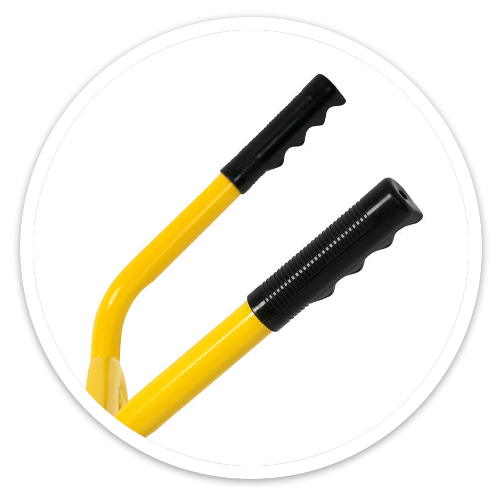 Close-up of the Delivery Trolley's black ribbed ergonomic handle grips on yellow steel tubes