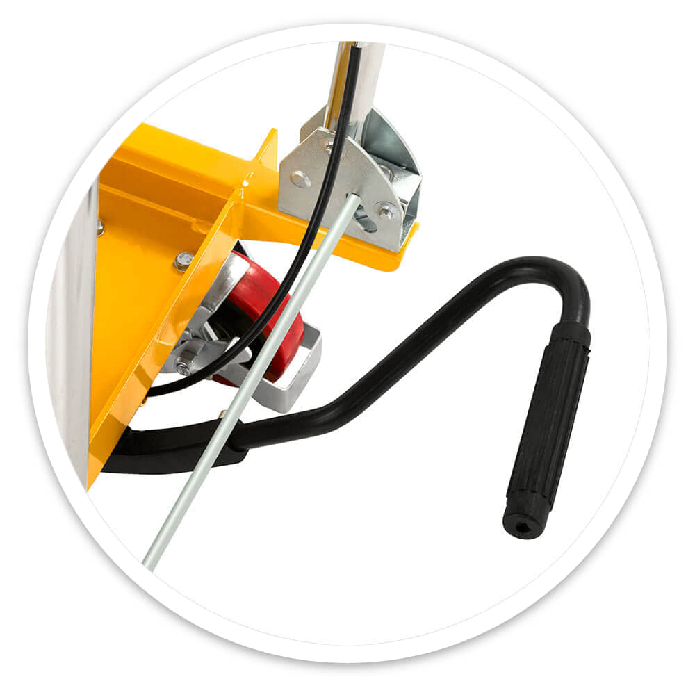 Close-up of the Mobile Scissor Lift Table's black push handle, release rod and red castor beneath the yellow base