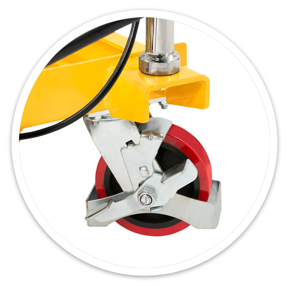 Swivel castor with total-stop brake and red polyurethane wheel on the mobile scissor lift table