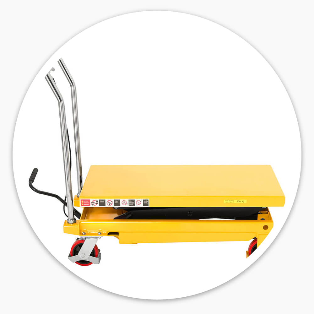 Yellow mobile scissor lift table, 350kg max load, side view with its chrome handle upright and the platform lowered