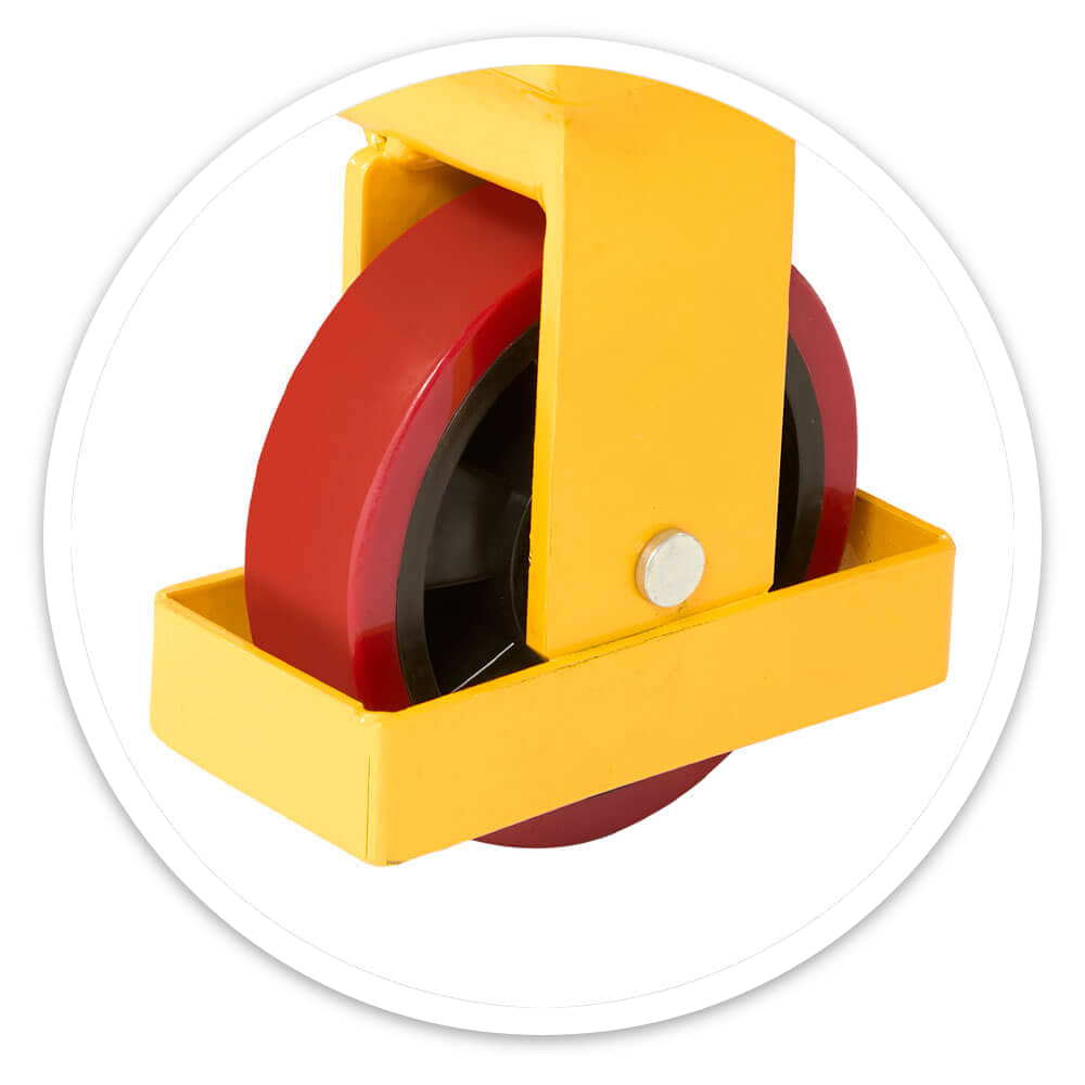 Close-up of a 125mm red polyurethane wheel with yellow guard on the mobile scissor lift table