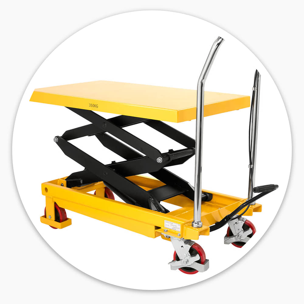 Mobile scissor lift table lowered, showing its yellow powder-coated steel frame and black scissor arms