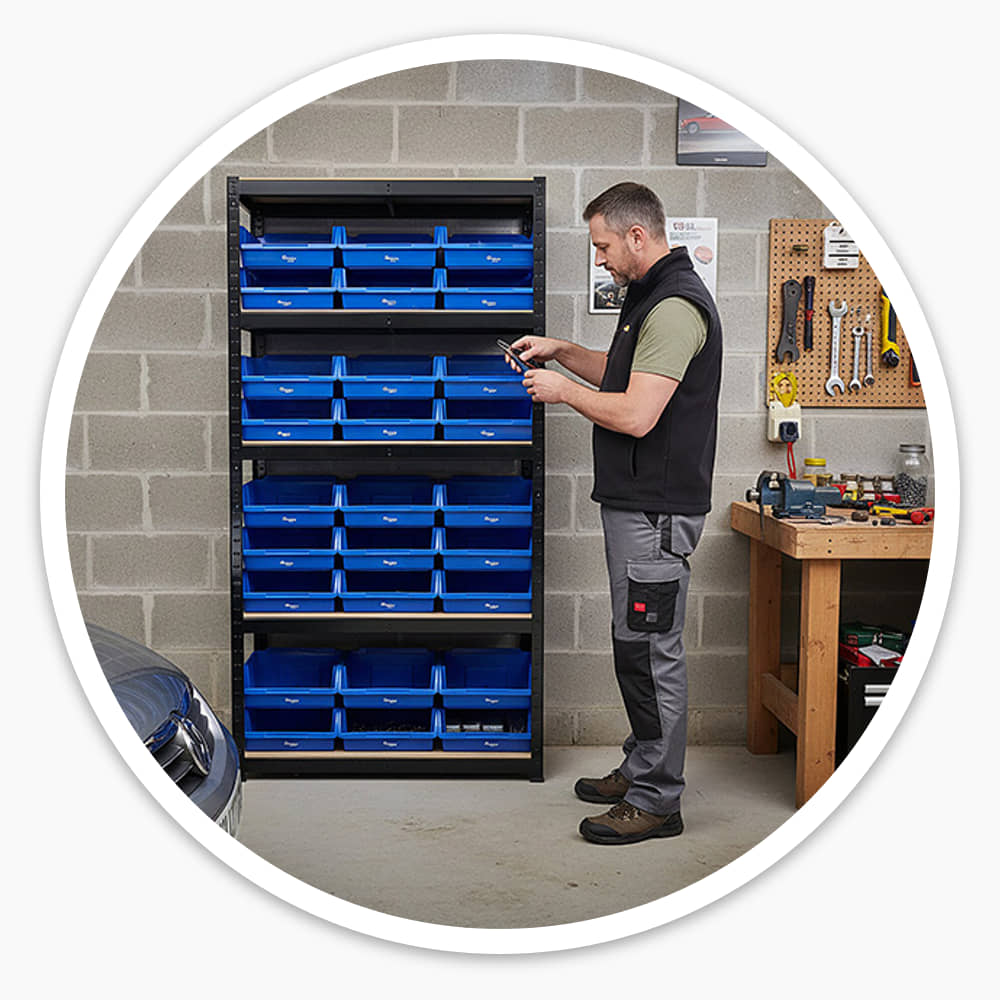 Man checking parts on a shelf unit with blue bins in a home garage next to a workbench and pegboard
