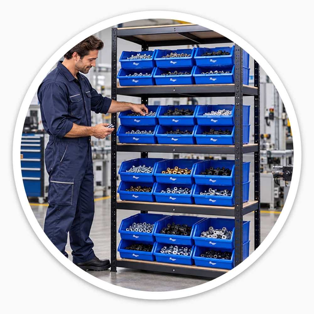 Engineer taking metal parts from a shelf unit with blue bins full of fixings in an industrial workshop