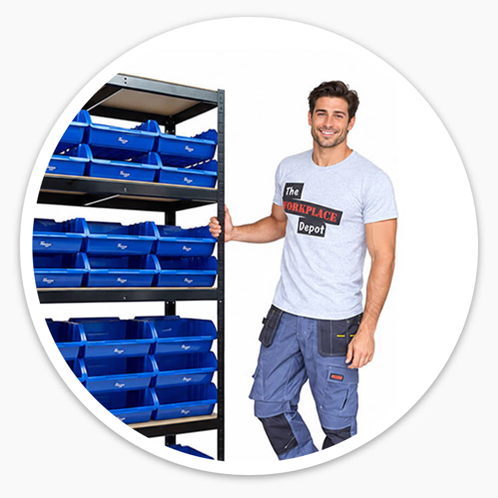 Black 5-shelf unit with blue bins on MDF shelves, 1800mm tall, with a man in a Workplace Depot T-shirt standing beside it