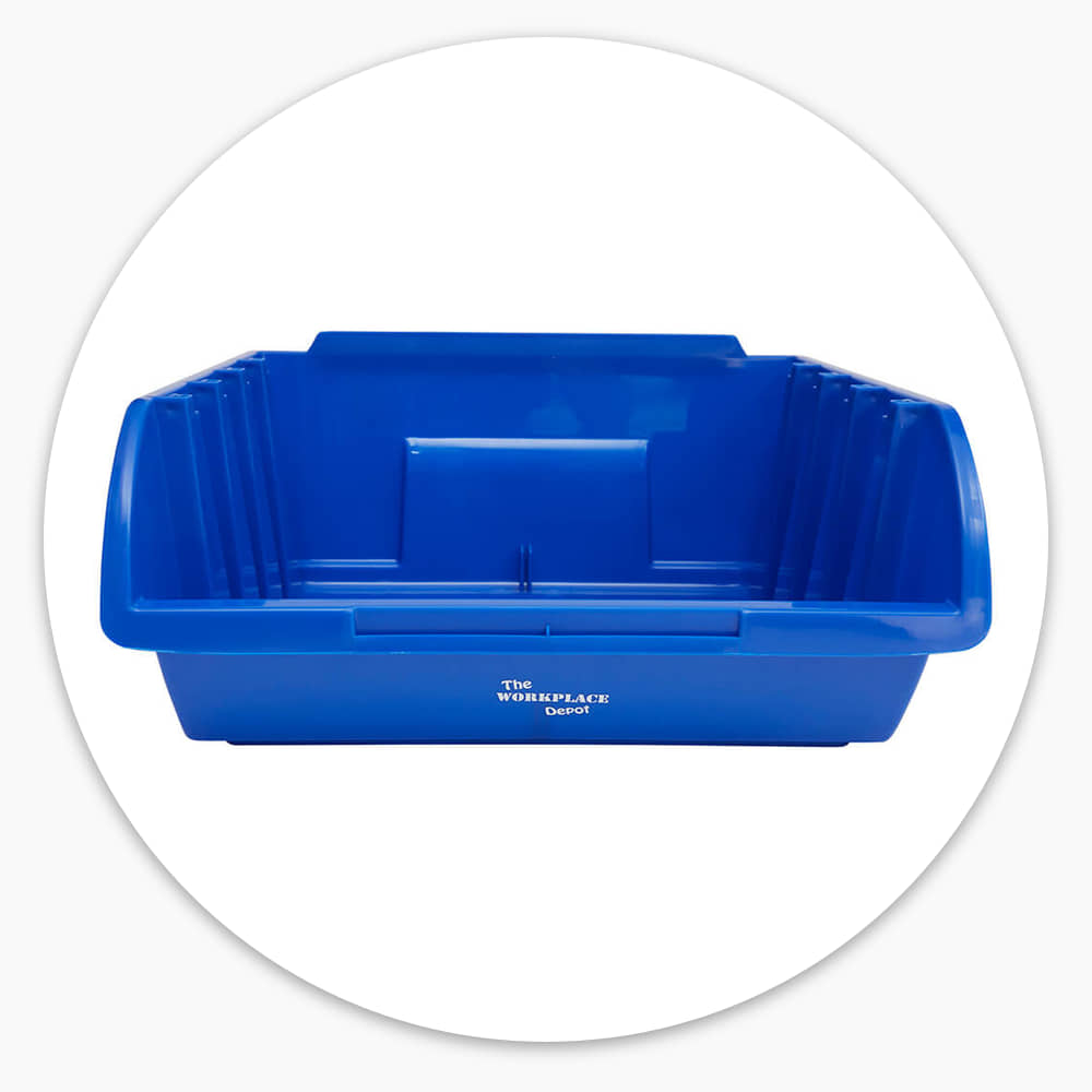 Blue polypropylene open-front bin from the Shelf Unit With Bins - 5 Shelves, with a ribbed interior and a Workplace Depot logo