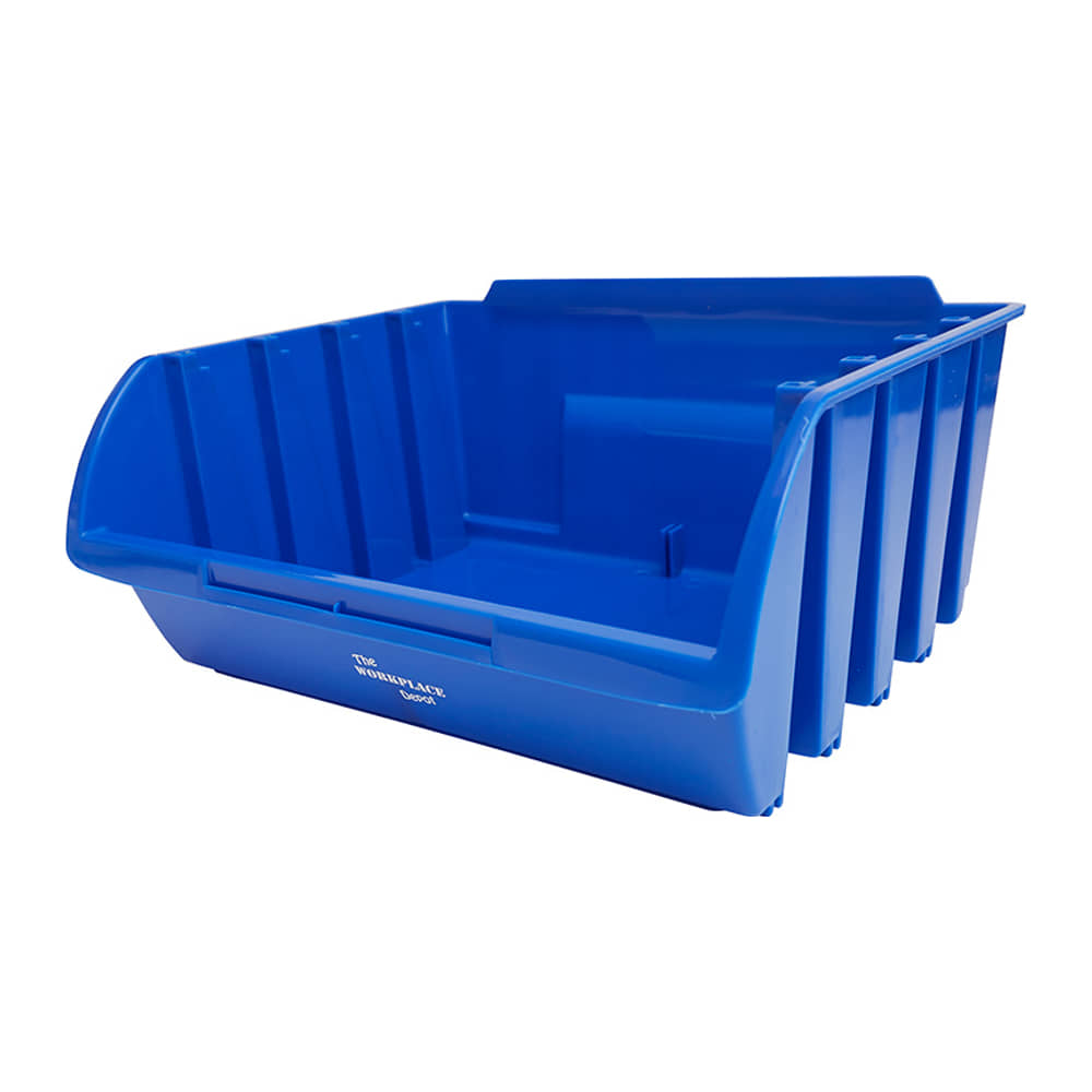Blue semi-open polypropylene parts bin with open front and ribbed sides, included with the 5-shelf shelf unit with bins