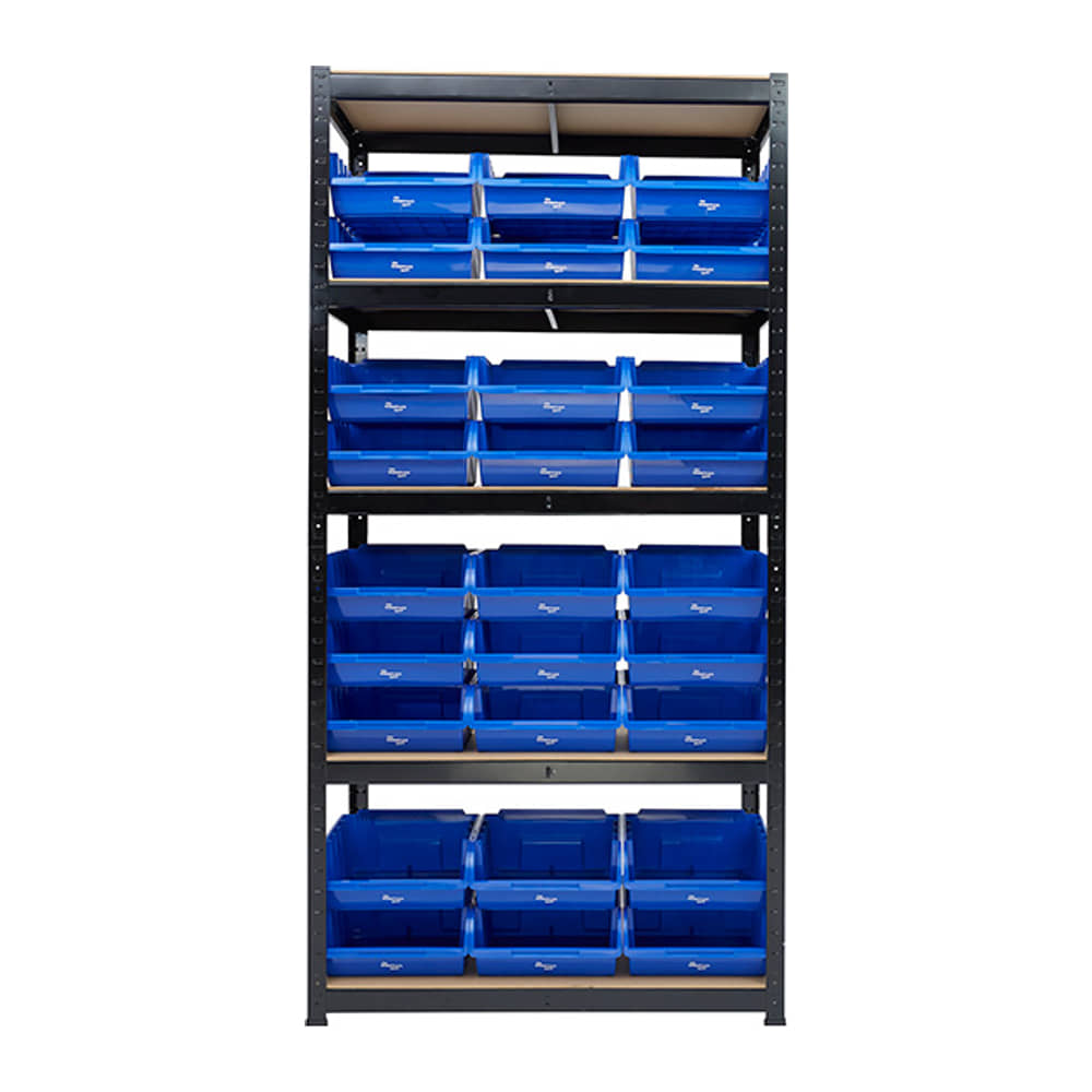 Shelf unit with bins: black steel frame with 5 wooden shelves holding rows of blue stacking bins, on a white background