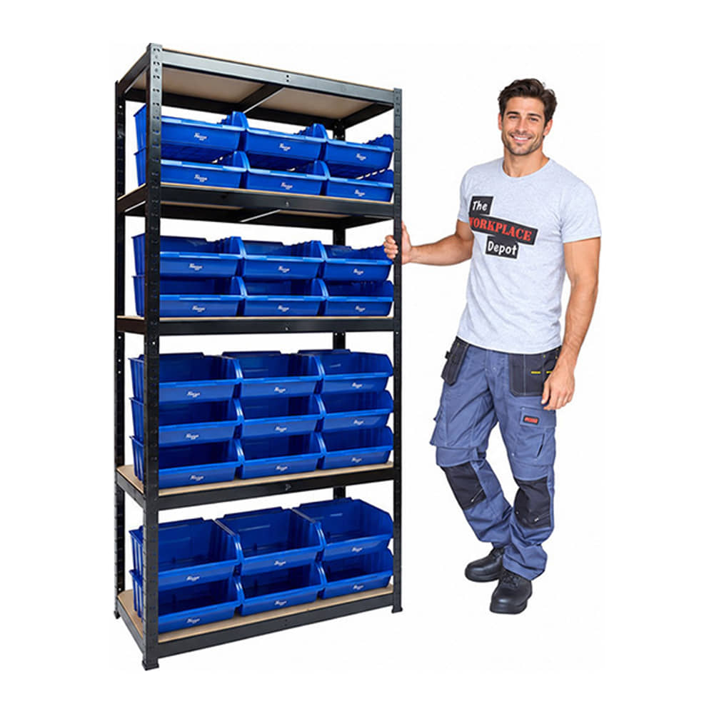 Black 5-shelf unit with blue parts bins on every shelf, a man in work trousers standing beside it to show its 1800mm height